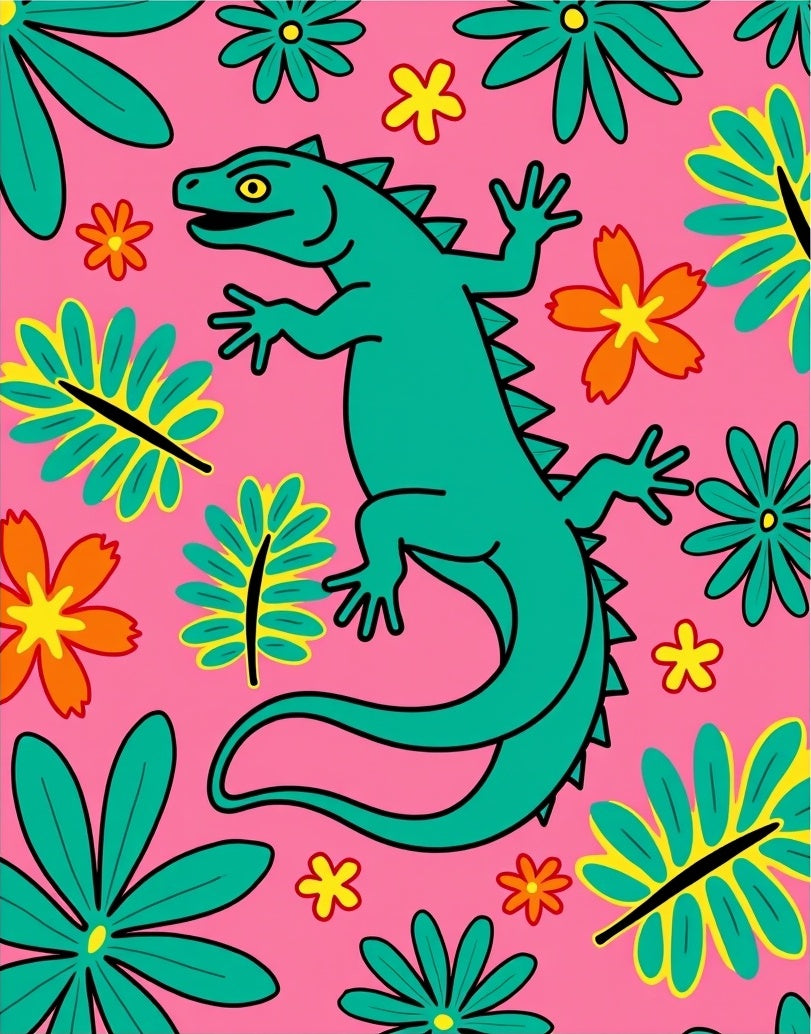 Teal Lizard Pink Floral Explosion Rug