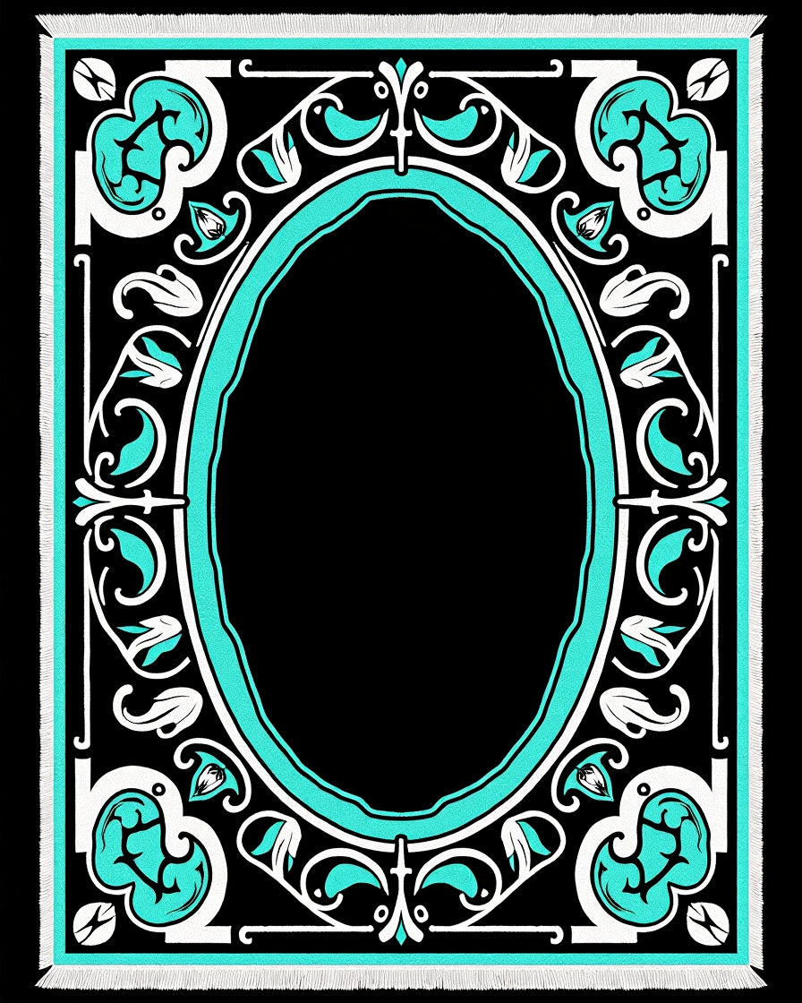 Black Teal Floral Oval Statement Rug