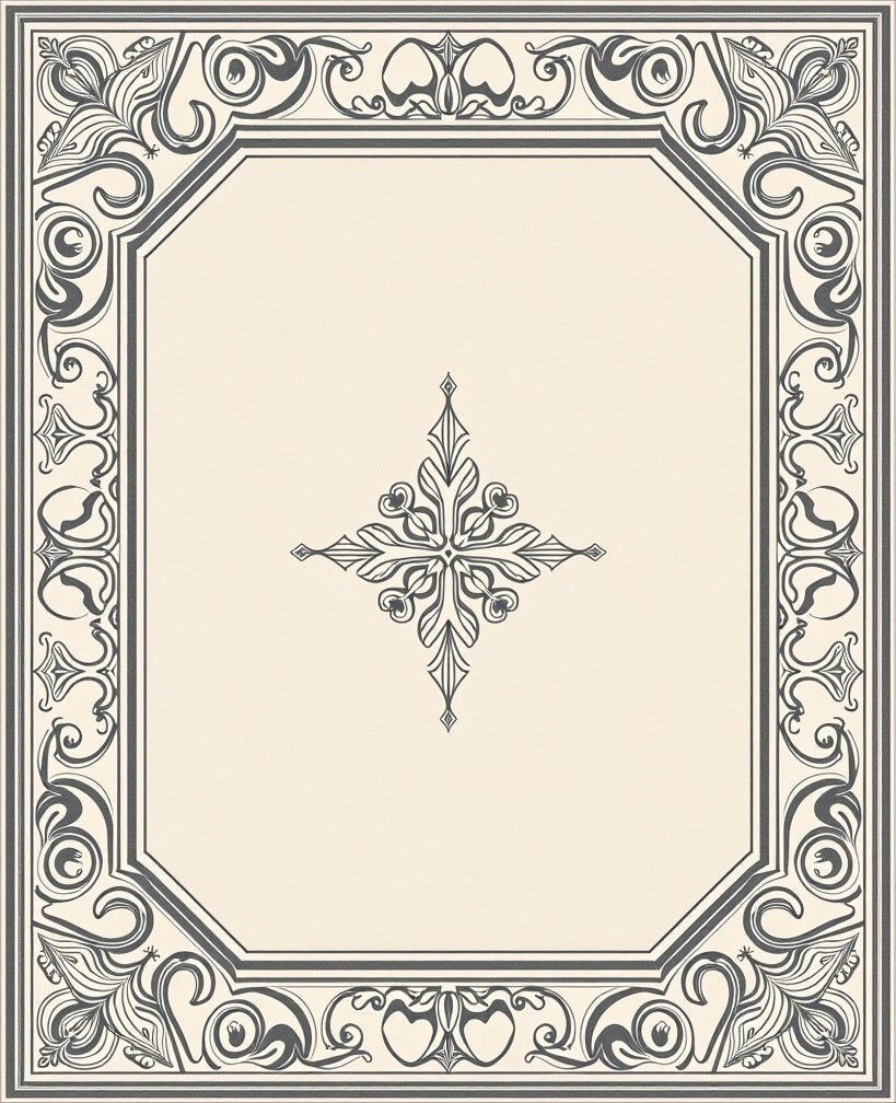 Ornate Gray Floral Border Cream Rug