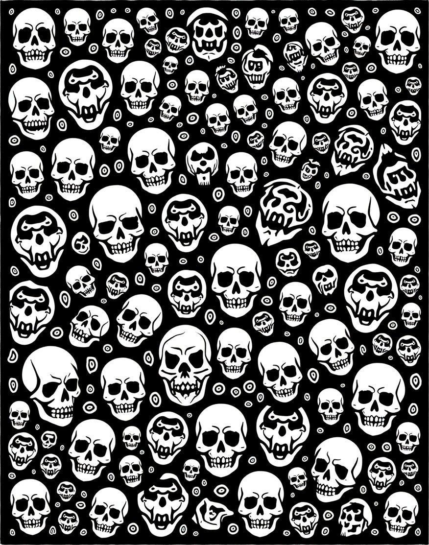 White Skulls Black Background Collage Rug