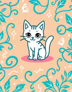 Cute White Kitten Teal Swirl Background Rug