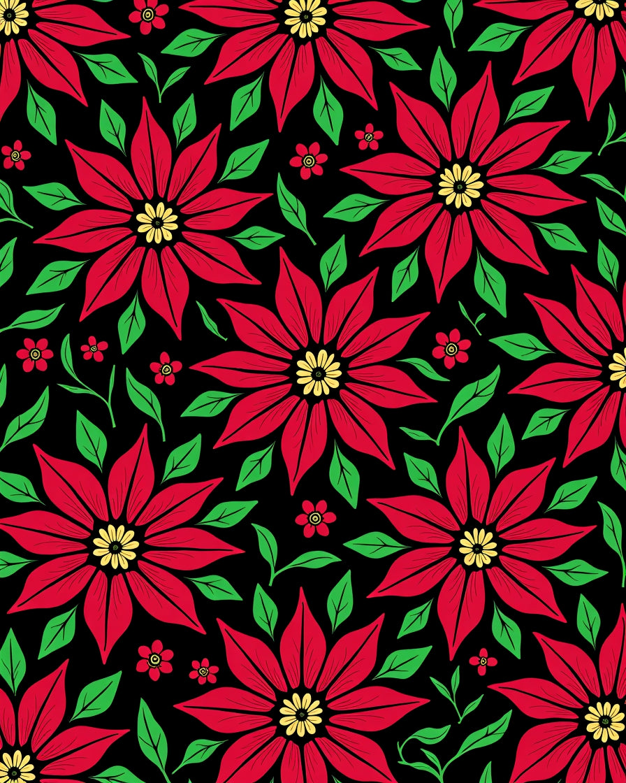 Crimson Red Flowers Green Leaves Black Rug