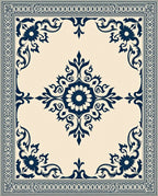 Deep Blue Floral Scroll Border Rug
