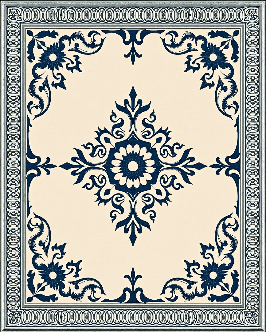 Deep Blue Floral Scroll Border Rug
