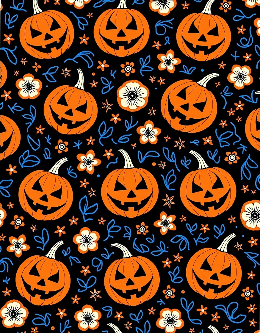 Orange Pumpkin Black Floral Splatter Rug