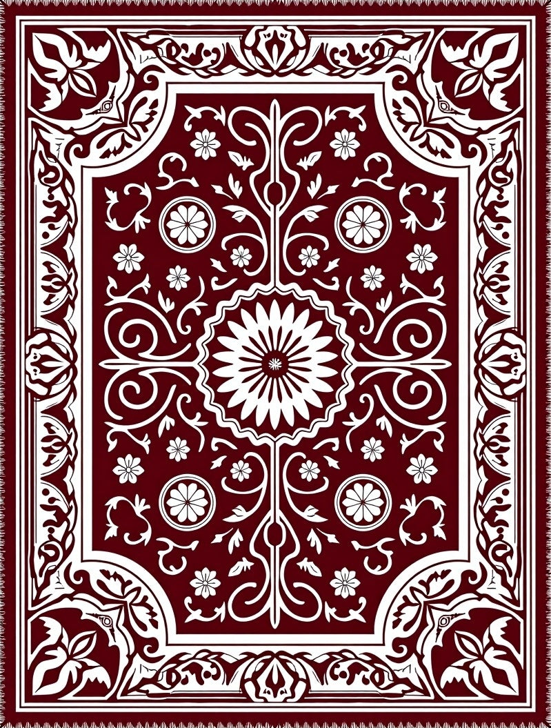 Deep Red Ornate Blossom Border Rug
