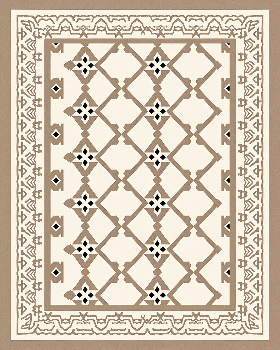 Cream Taupe Lattice Geometric Border Rug