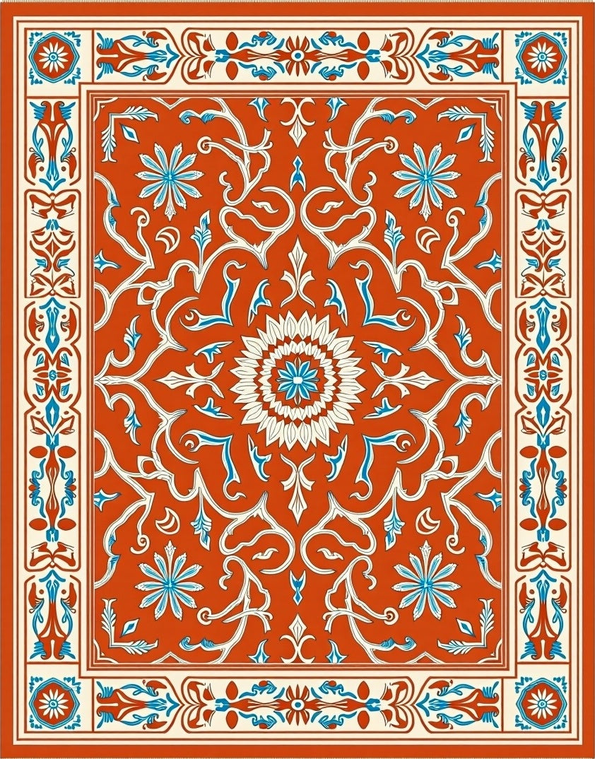 Orange Floral Medallion Border Rug