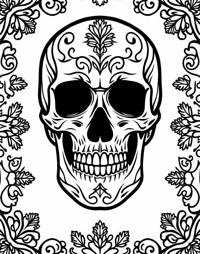 Ornate Black White Skull Floral Trim Rug