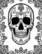 Ornate Black White Skull Floral Trim Rug