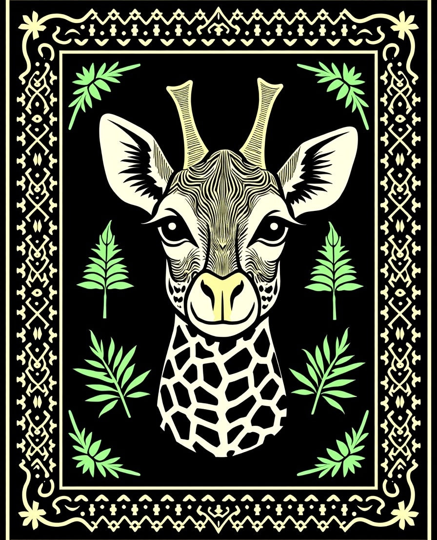 Stylized Giraffe Portrait Tribal Border Rug