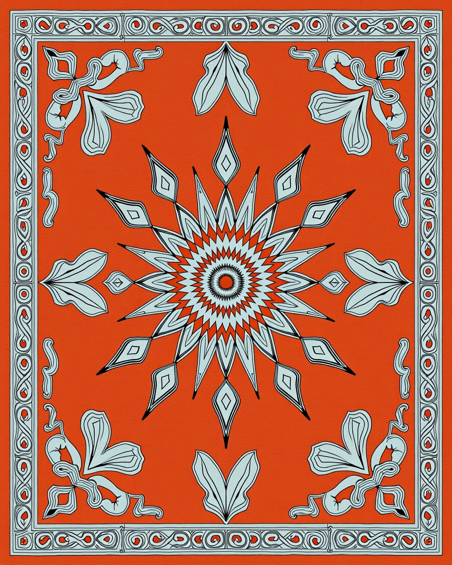 Vibrant Orange Starburst Floral Border Rug