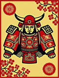 Crimson Samurai Warrior Cherry Blossom Rug