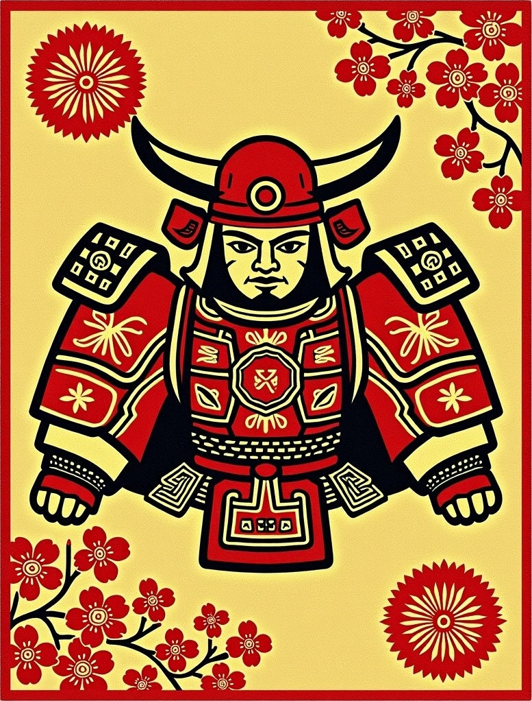 Crimson Samurai Warrior Cherry Blossom Rug