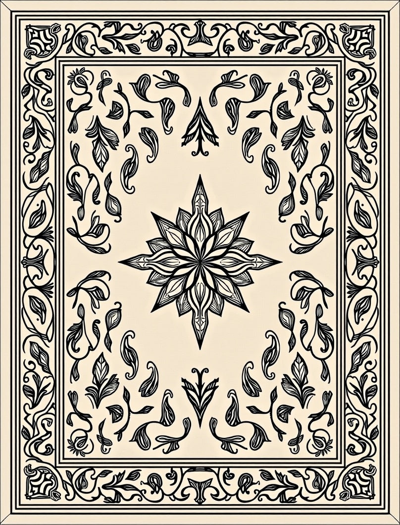 Elegant Black and Cream Floral Outline Rug