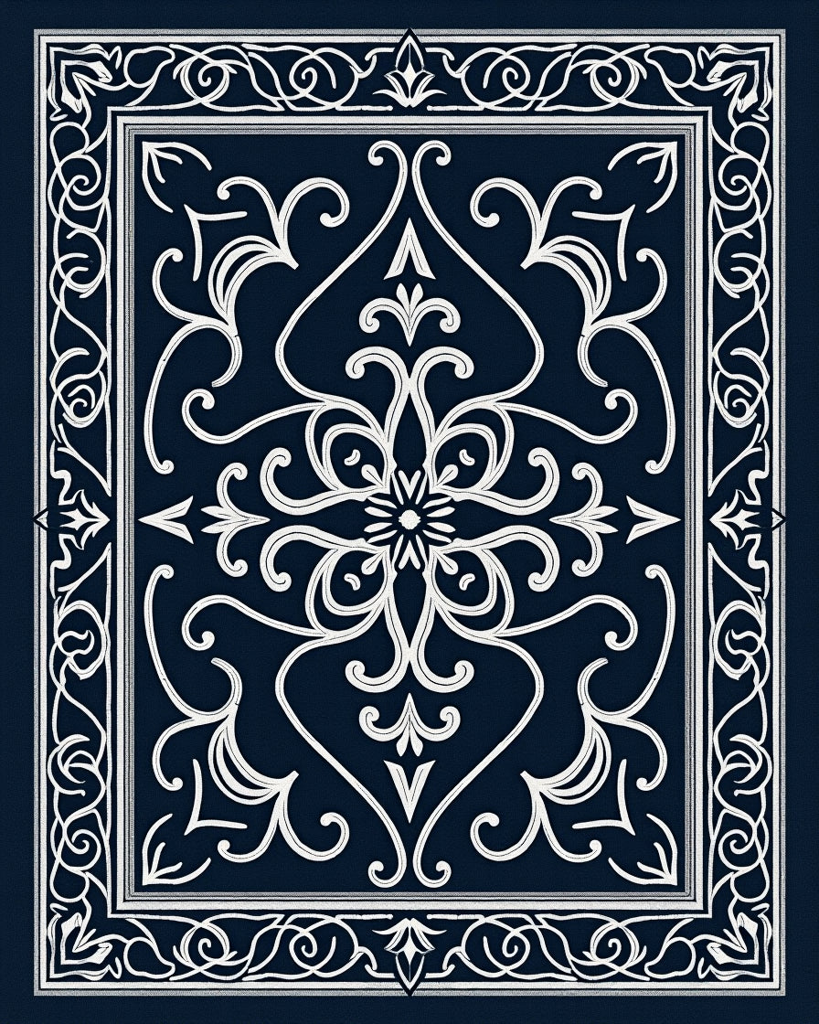 Elegant White Scrollwork Navy Medallion Rug