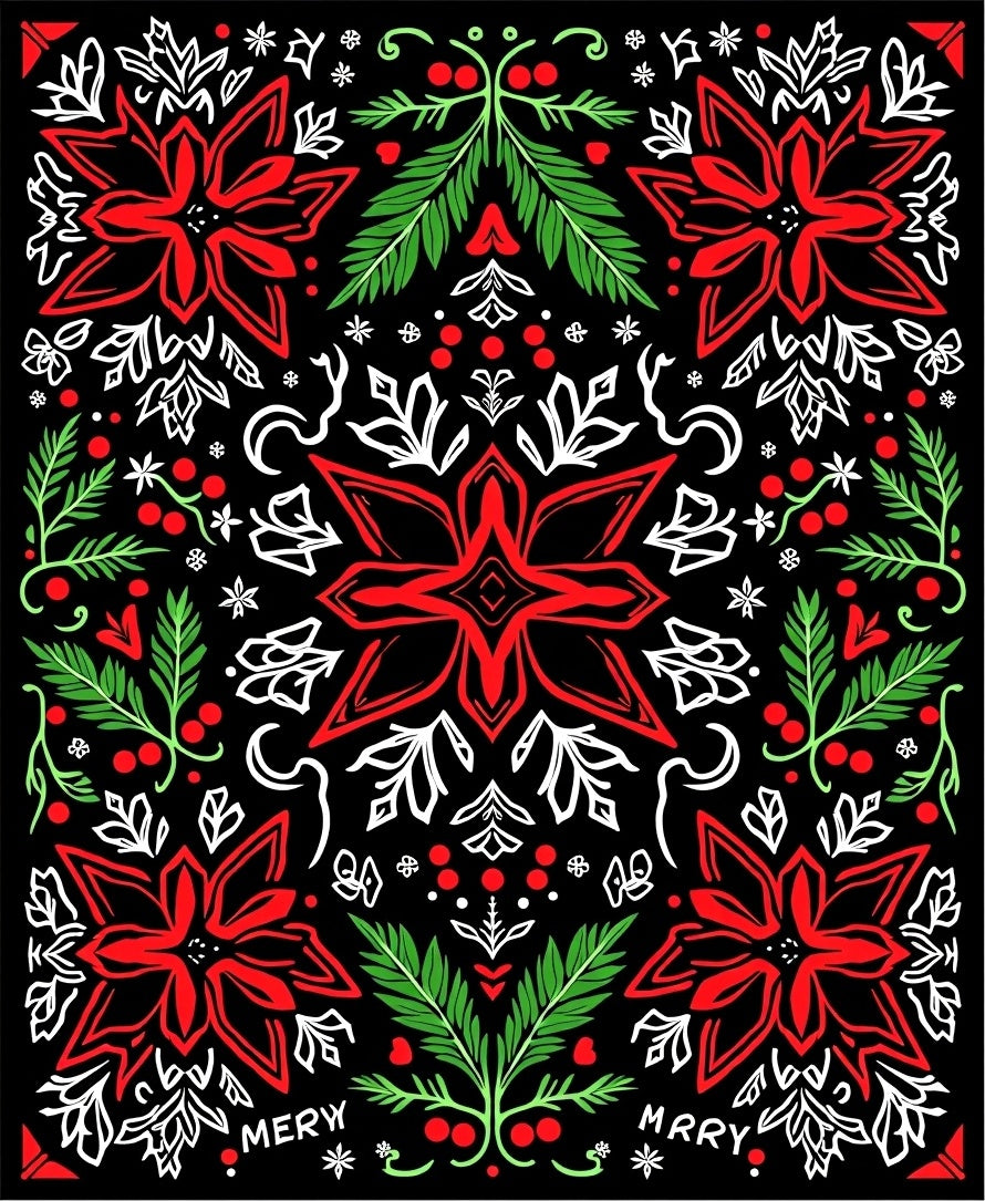 Red Poinsettia Black Holiday Floral Rug