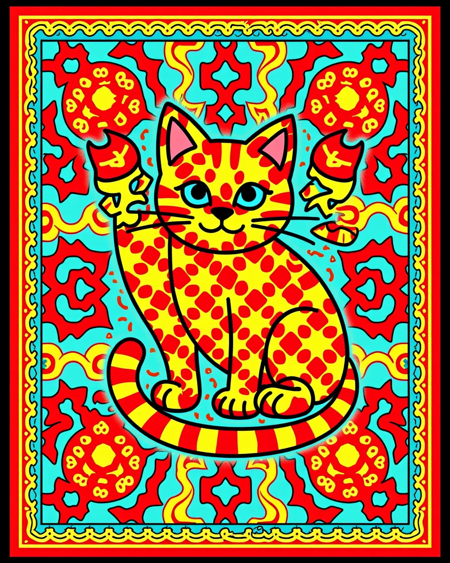 Vibrant Yellow Red Cat Medallion Rug