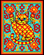 Vibrant Yellow Red Cat Medallion Rug