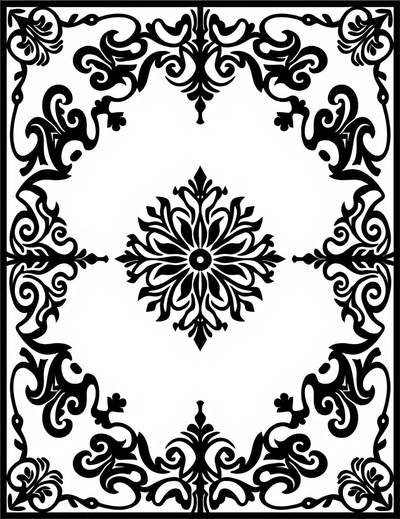 Black White Ornate Medallion Scroll Rug