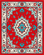 Red Teal Medallion Floral Border Rug