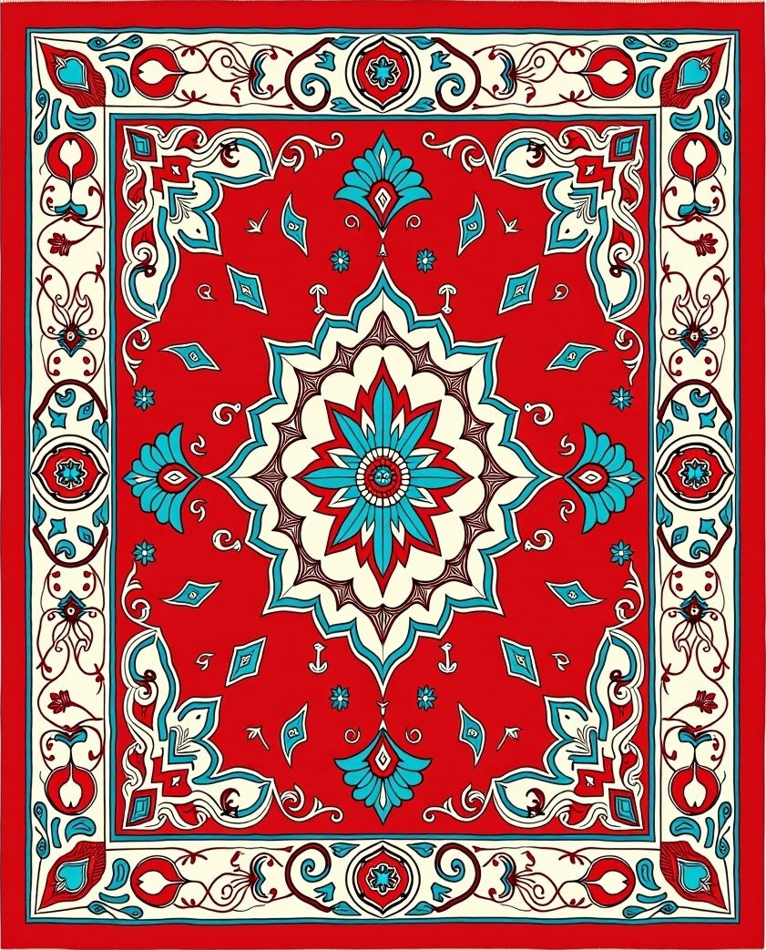 Red Teal Medallion Floral Border Rug