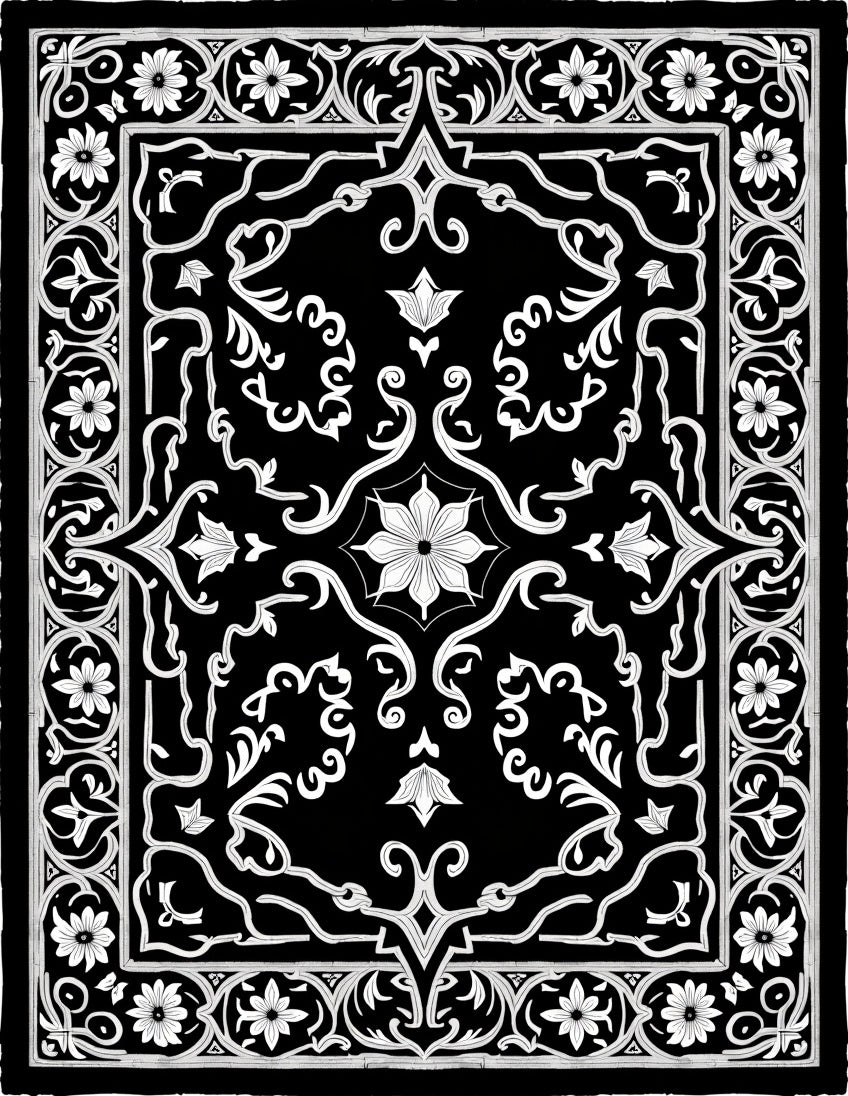 Black White Floral Scrollwork Courtly Rug
