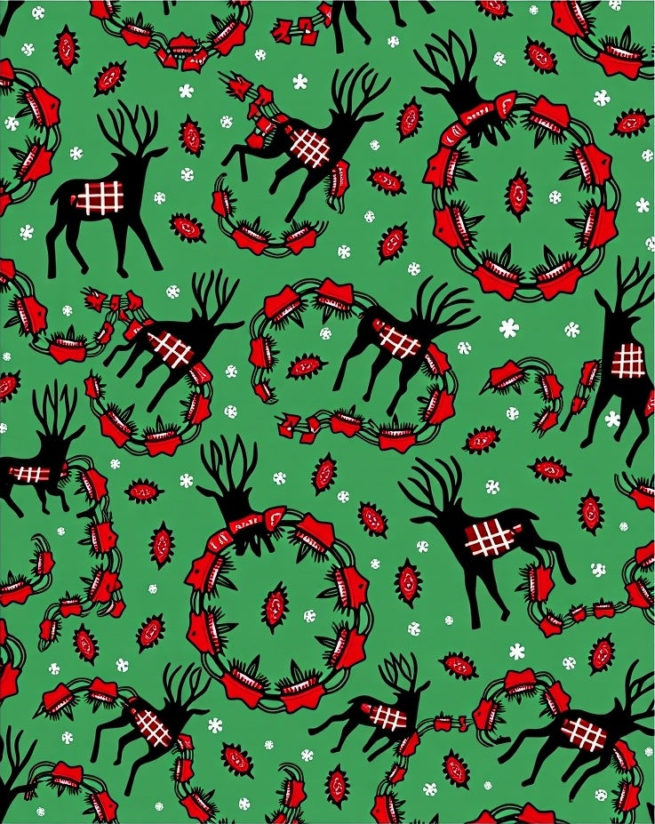 Green Reindeer Red Wreath Collage Rug