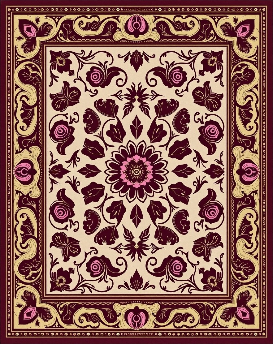 Ornate Crimson Rose Swirl Bordered Accent Rug