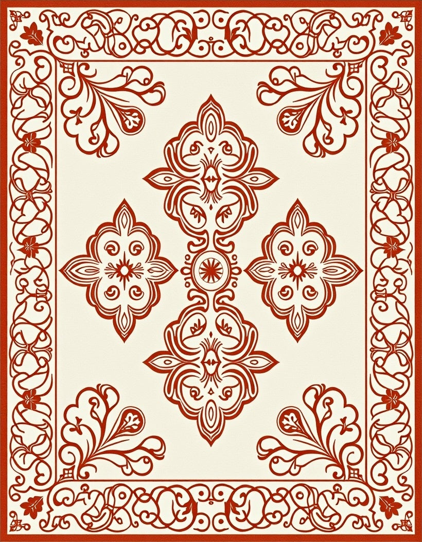 Crimson Ivory Scrollwork Medallion Rug