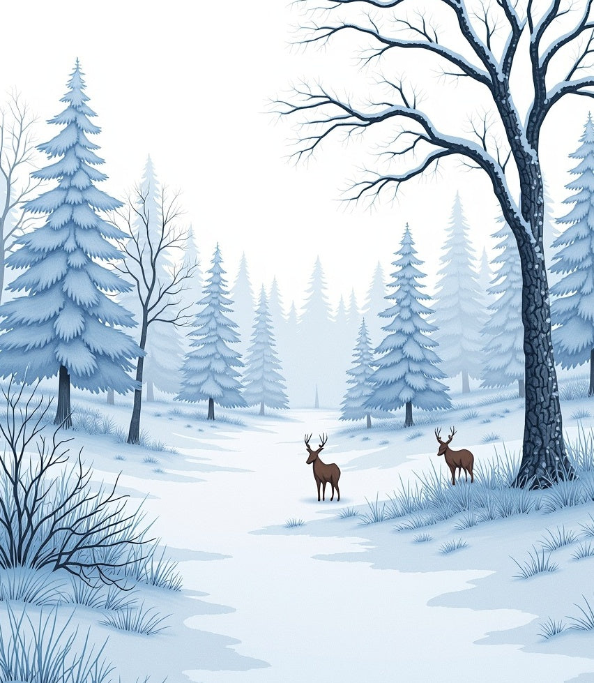 Winter Forest Snow Deer Landscape Rug