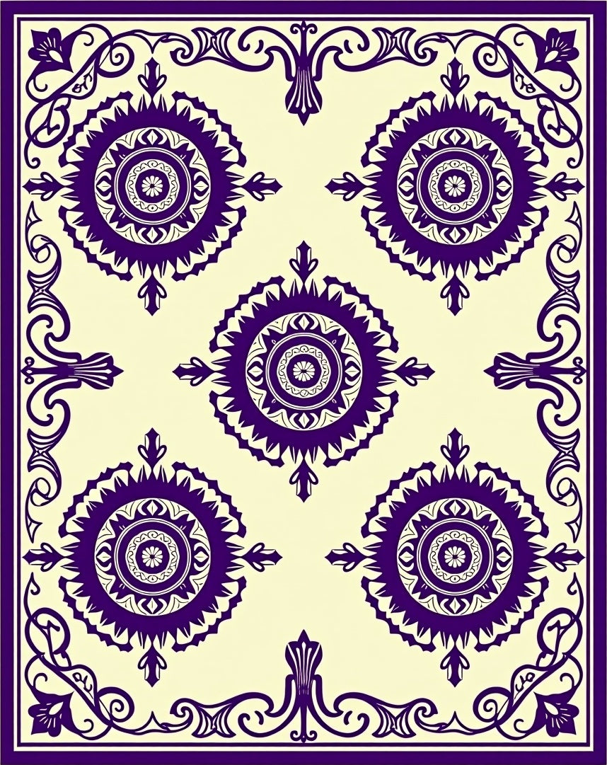 Deep Purple Medallion Ivory Frame Rug