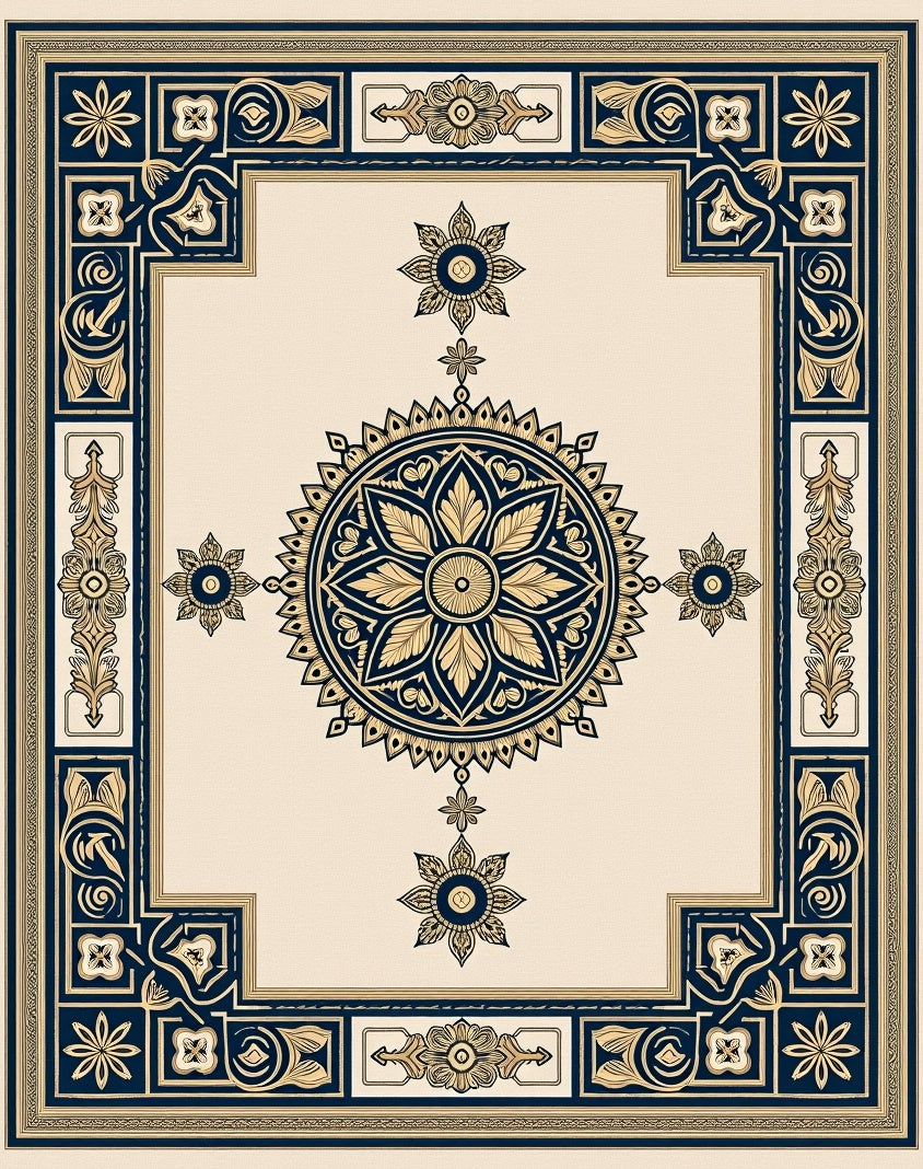 Dark Blue Golden Medallion Border Rug