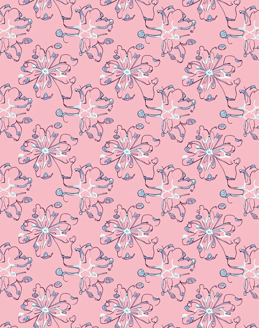 Pink Blue Sketchy Floral Bloom Rug