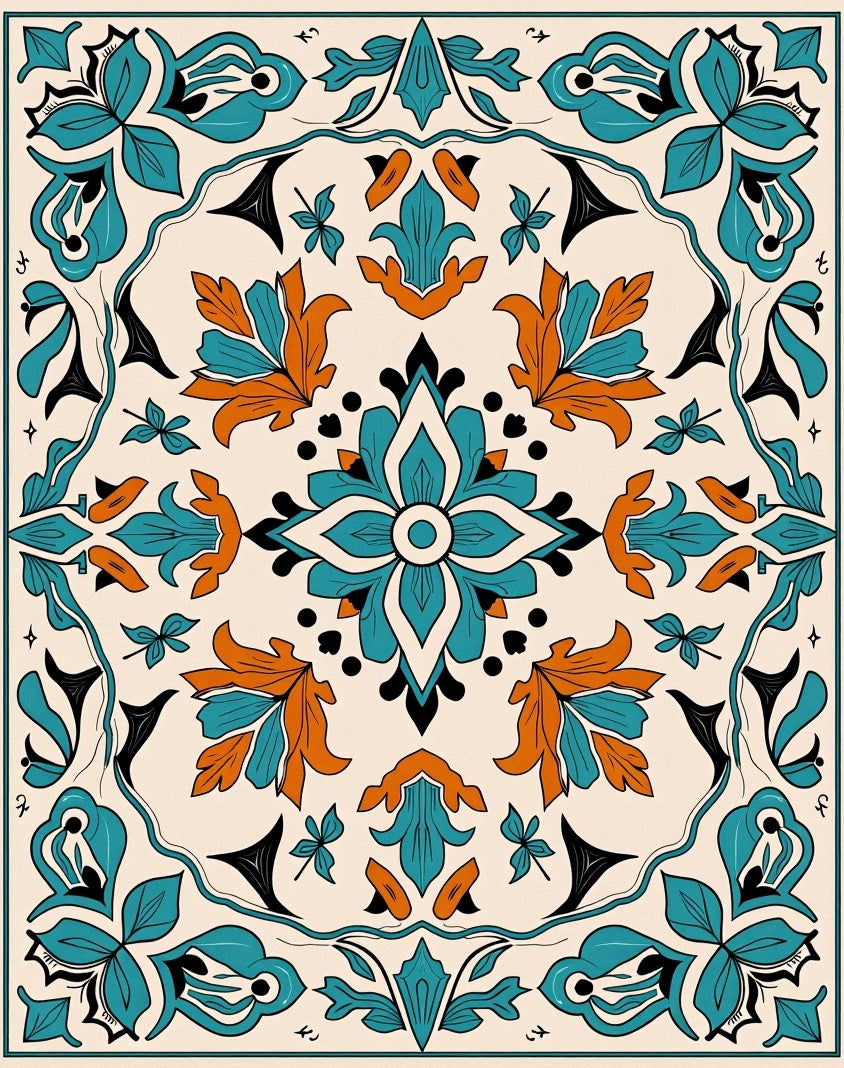 Turquoise Orange Floral Medallion Rug