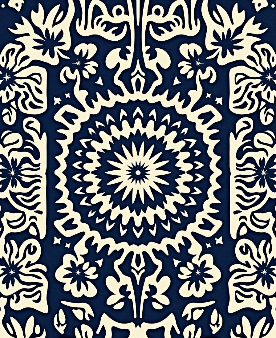 Cream Floral Mandala Navy Texture Rug