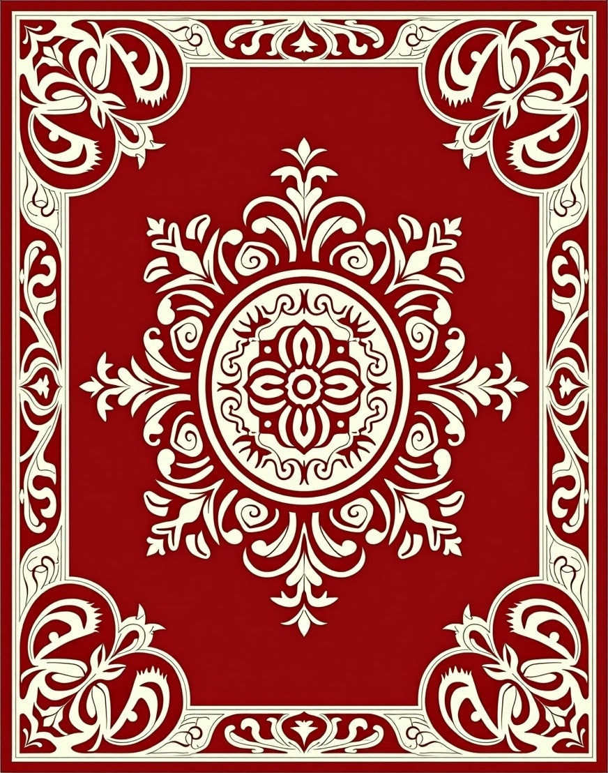 Crimson Floral Corner Frame Medallion Rug