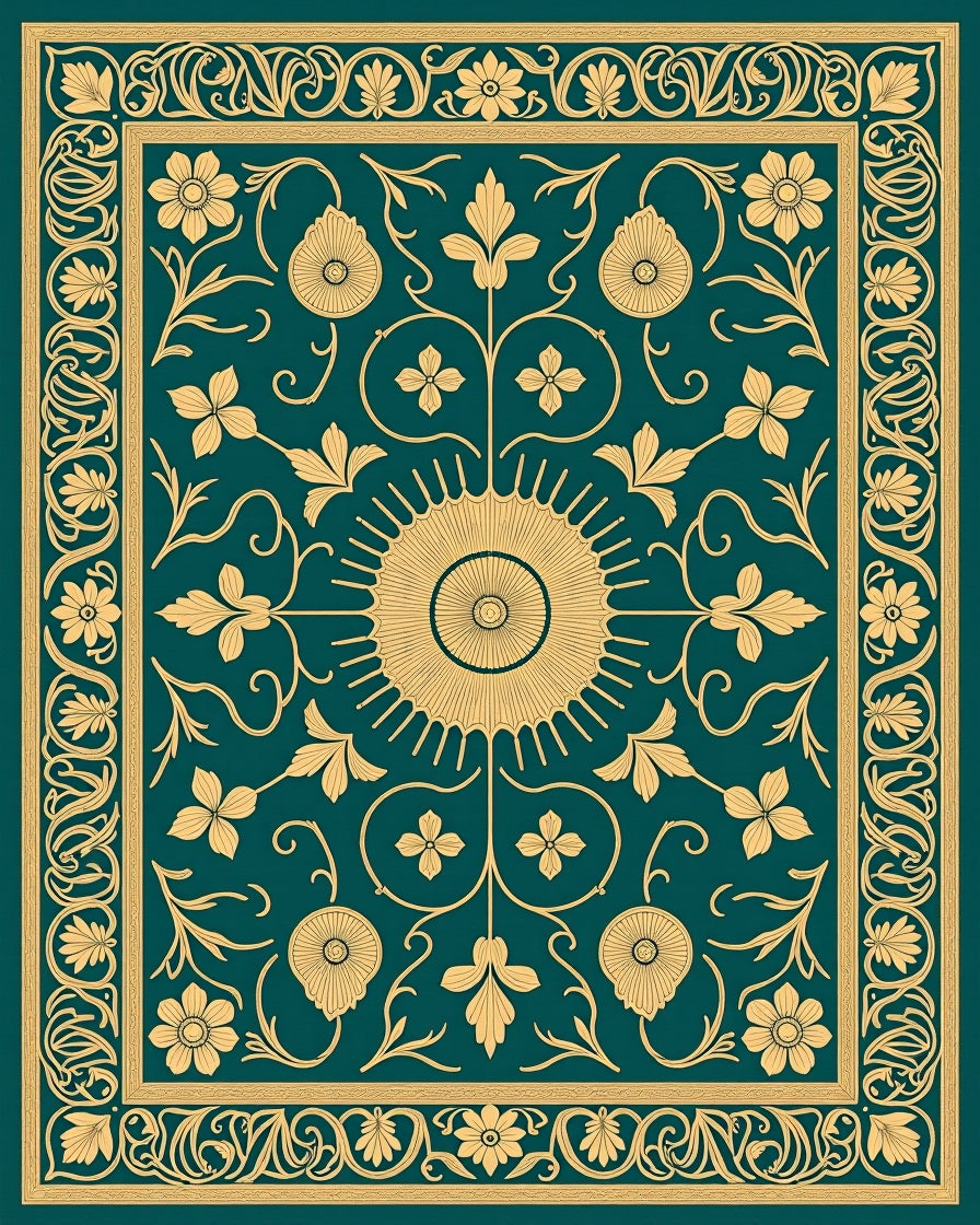 Teal Gold Floral Sunburst Medallion Rug
