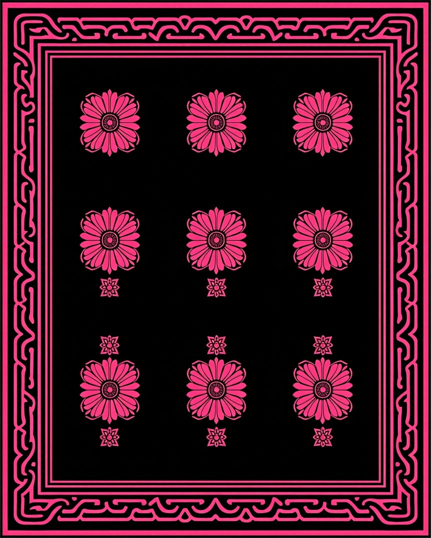 Hot Pink Floral Scatter Black Rug