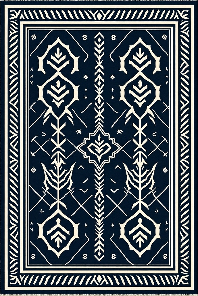 Navy Blue Cream Symmetry Medallions Rug
