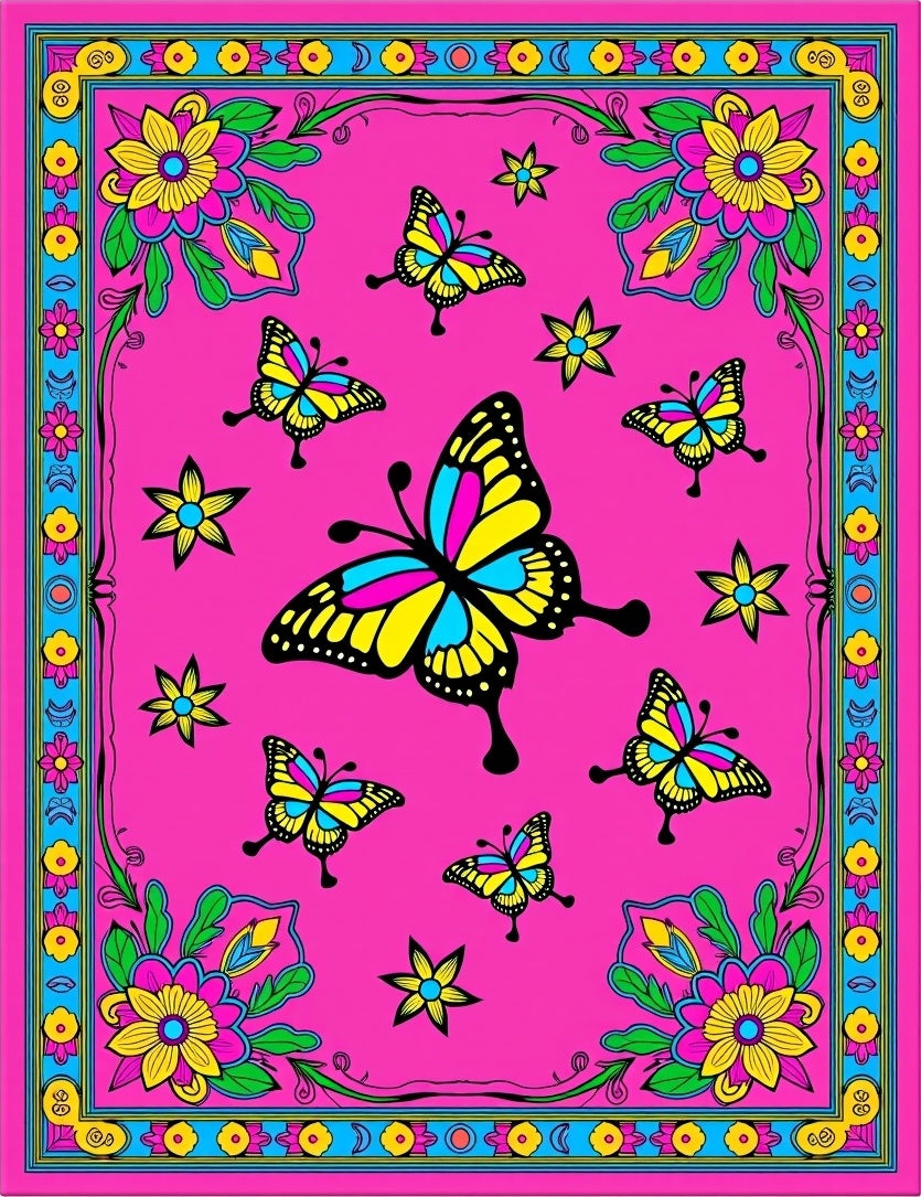 Vibrant Fuchsia Butterfly Floral Garden Rug