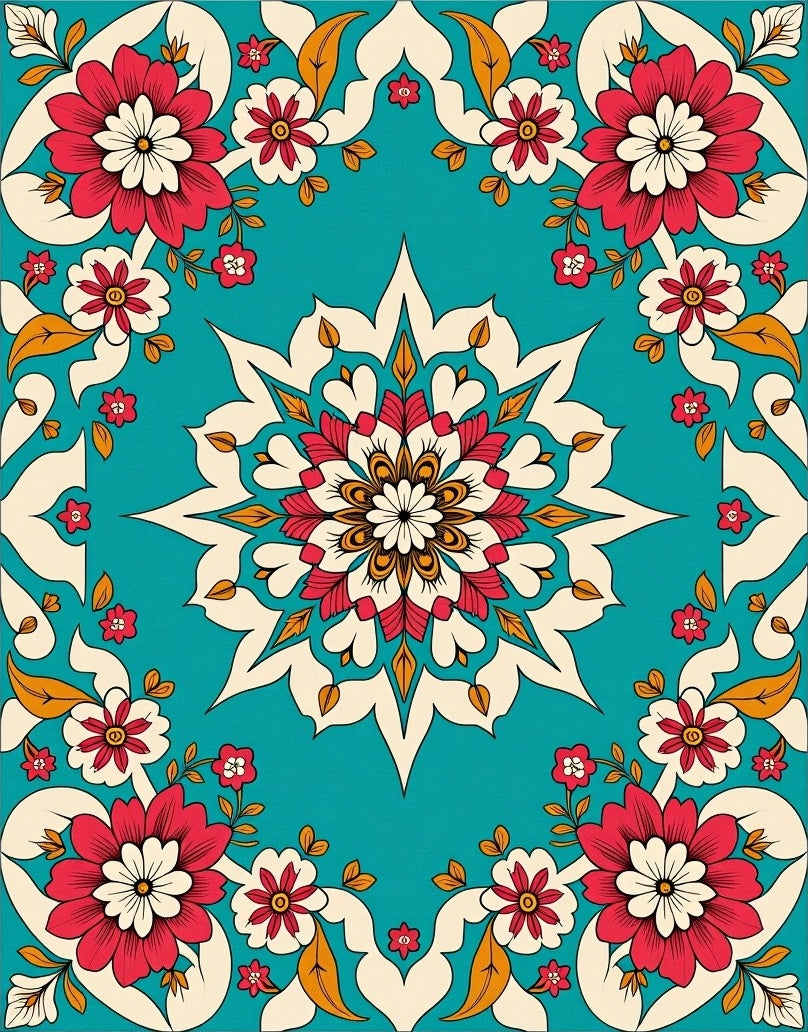 Aqua Red White Floral Medallion Rug