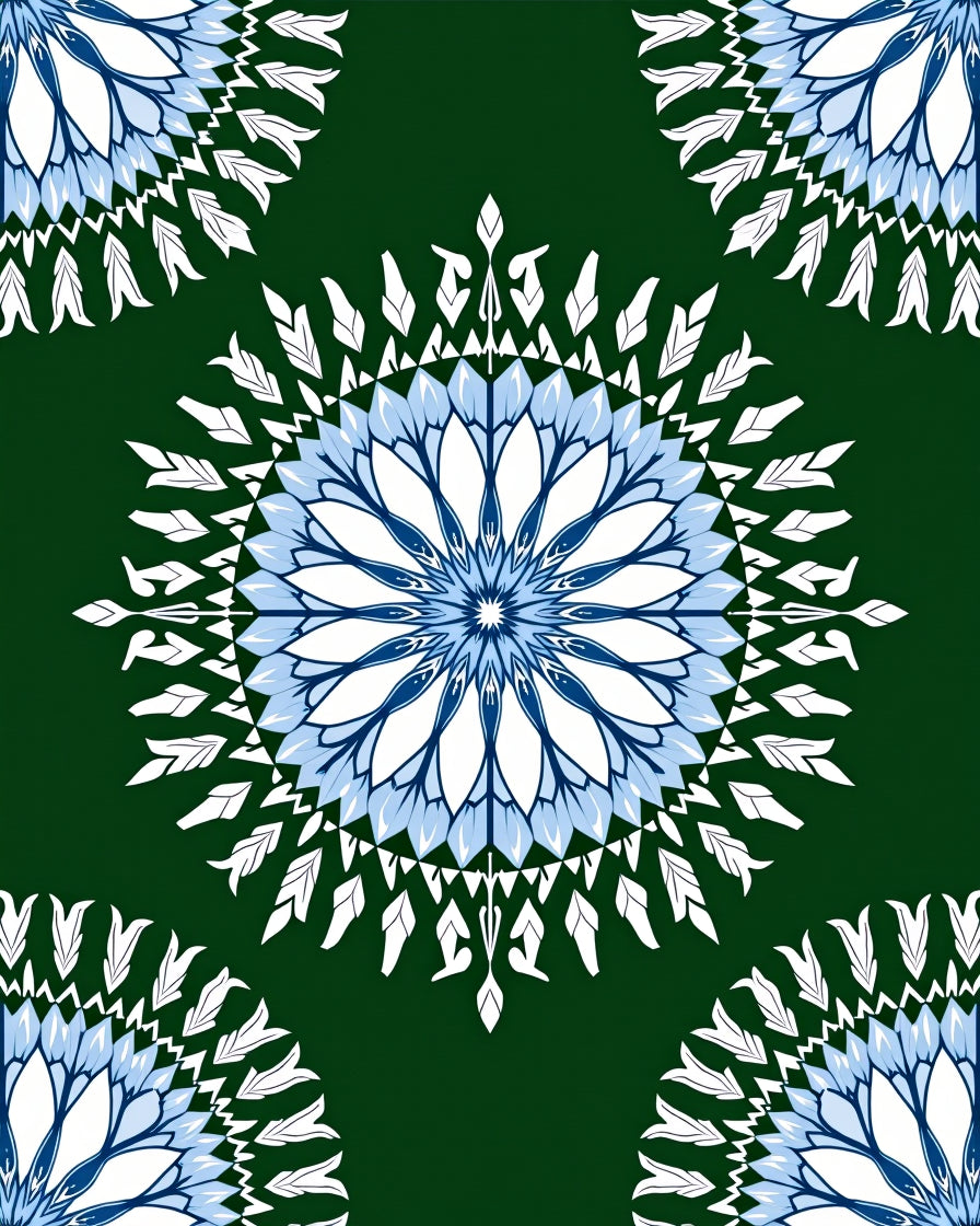Intricate Blue White Floral Medallion Dark Green Rug