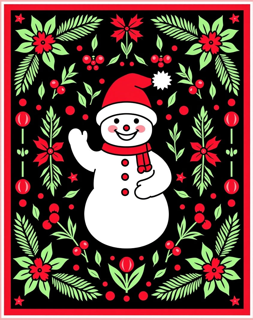 Whimsical Snowman Black Festive Floral Rug