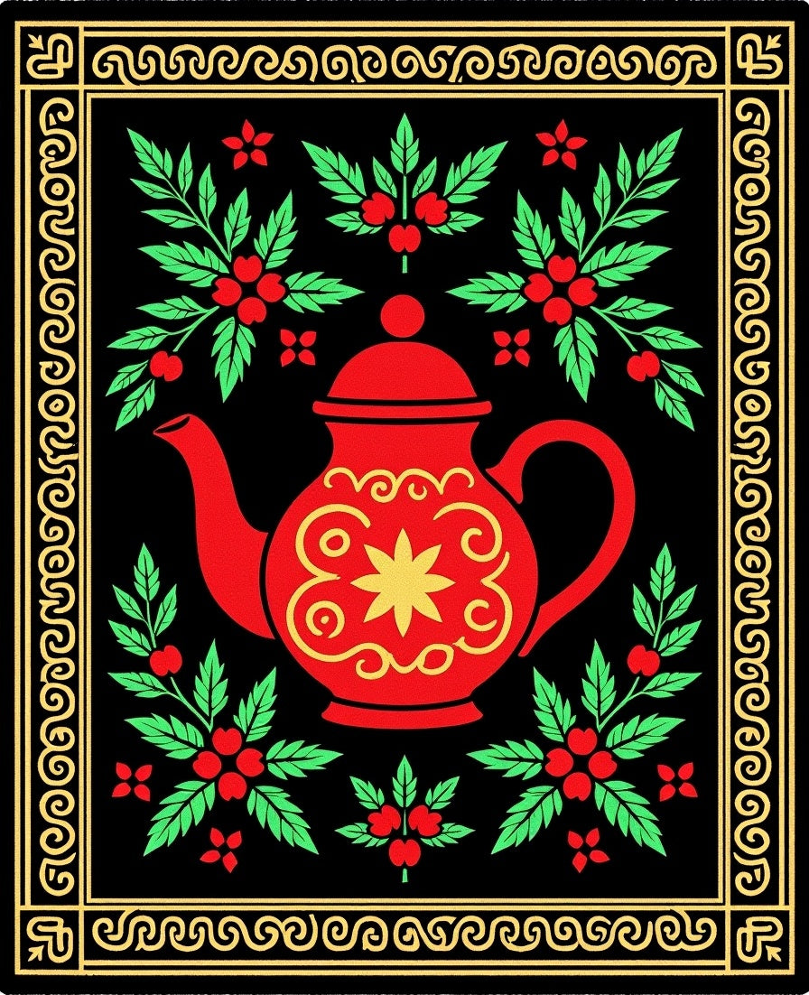 Red Teapot Folk Art Floral Arrangement Rug