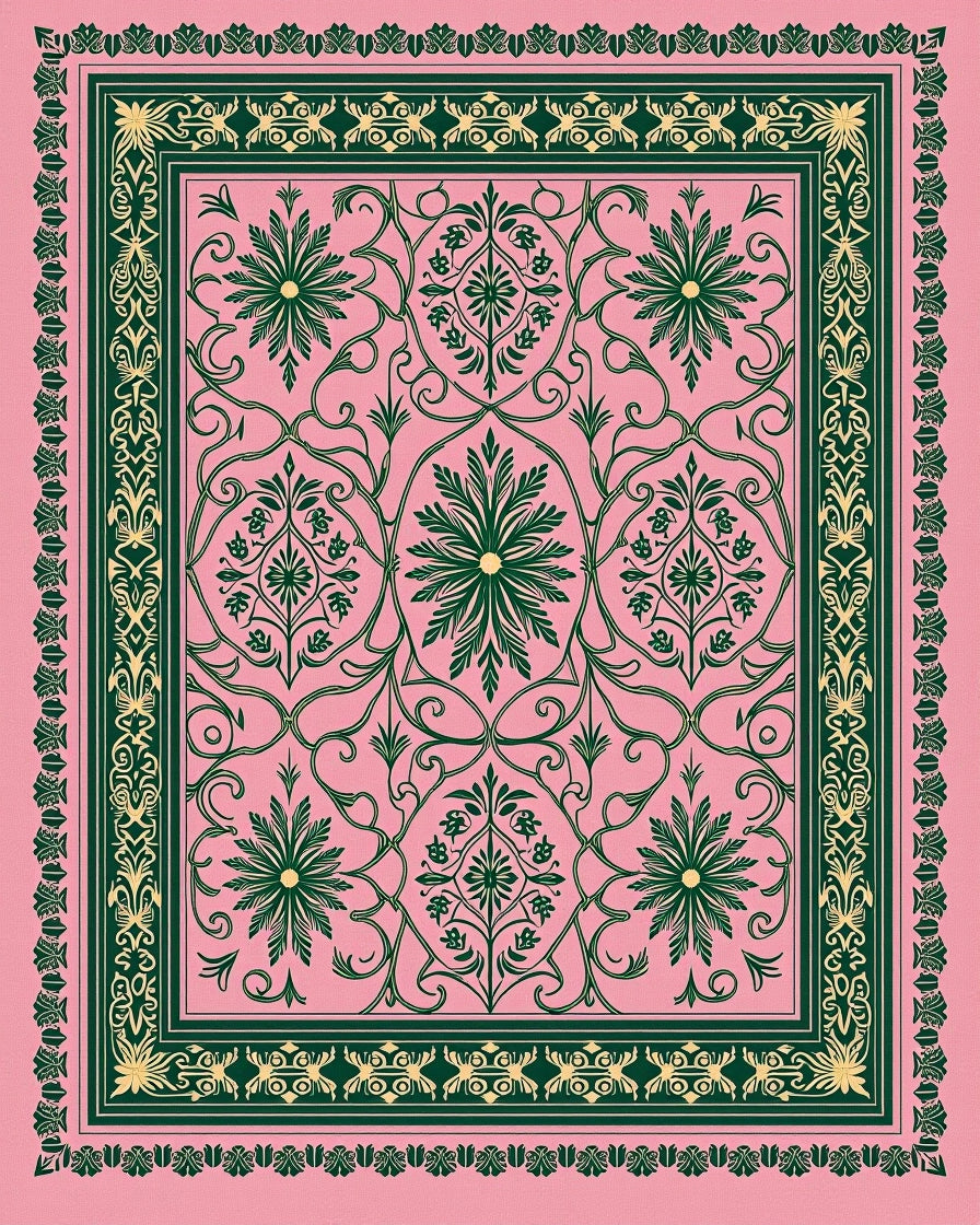 Pink Green Floral Scroll Border Rug