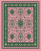 Pink Green Floral Scroll Border Rug