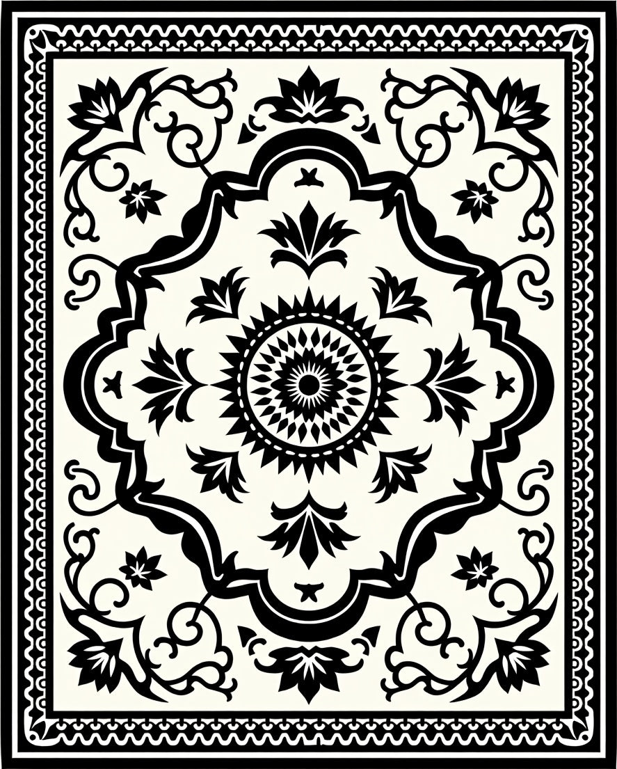 Monochromatic Floral Medallion Scroll Border Rug