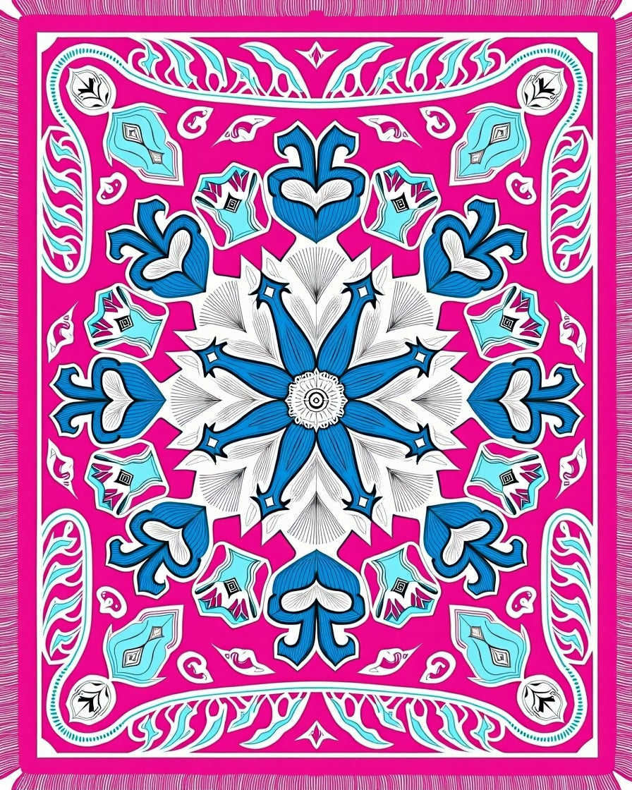 Hot Pink Blue Floral Symmetry Rug