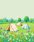 Whimsical Floral Meadow Camping Scene Rug